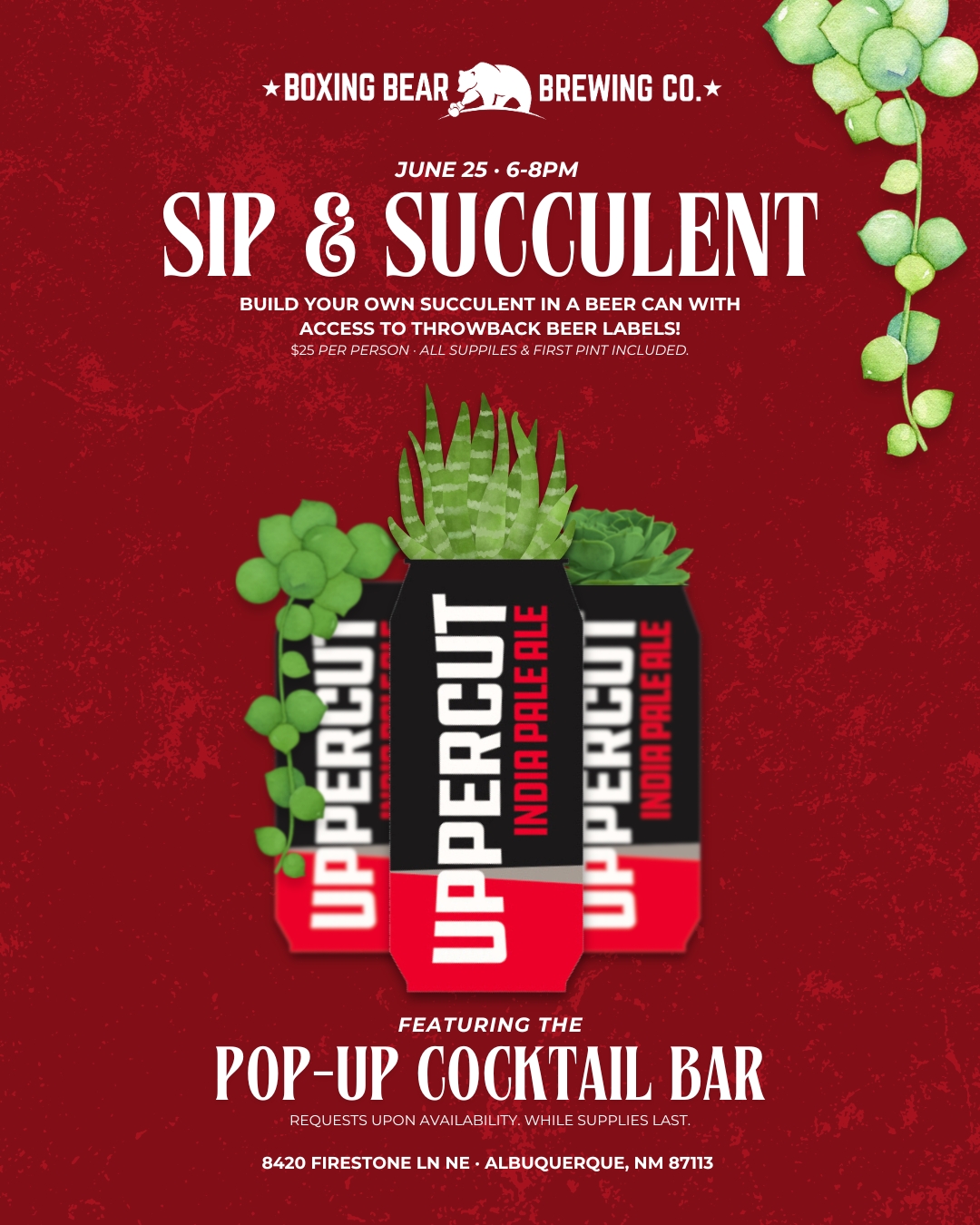Sip & Succulent with Pop-Up Cocktail Bar event at the Firestone Taproom on June 25 from 6-8pm